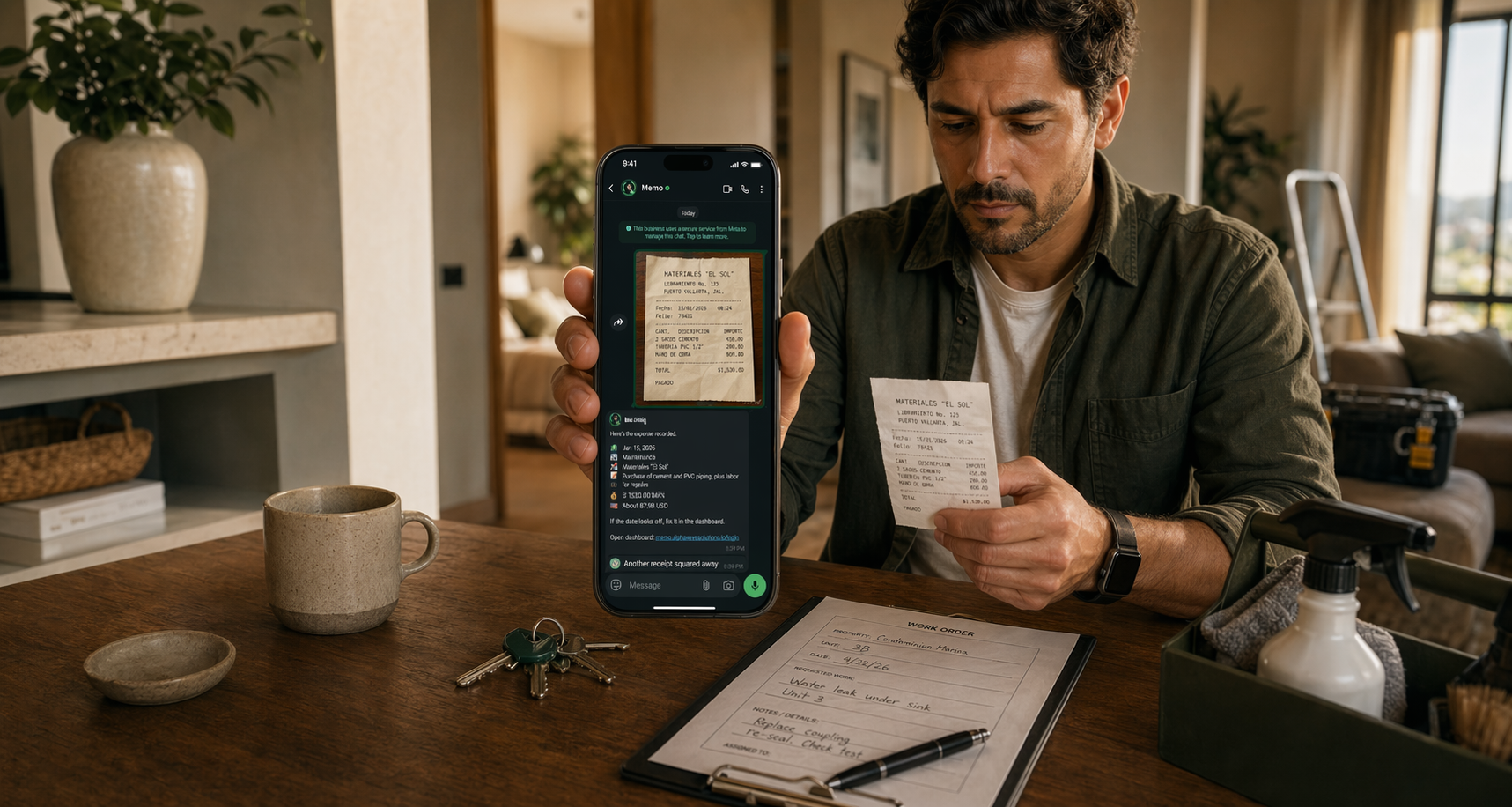Property operator holding a phone with Memo open in WhatsApp while checking a receipt in a rental unit.
