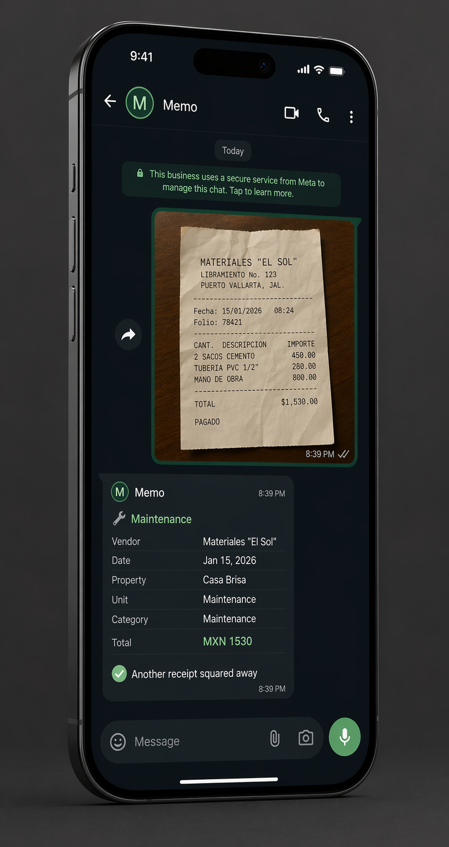 Memo summary inside a WhatsApp conversation on a phone screen.